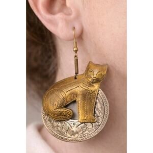 Vintage Handmade Cat Earrings Brass Tone Coin Drop Large Statement Folk Art